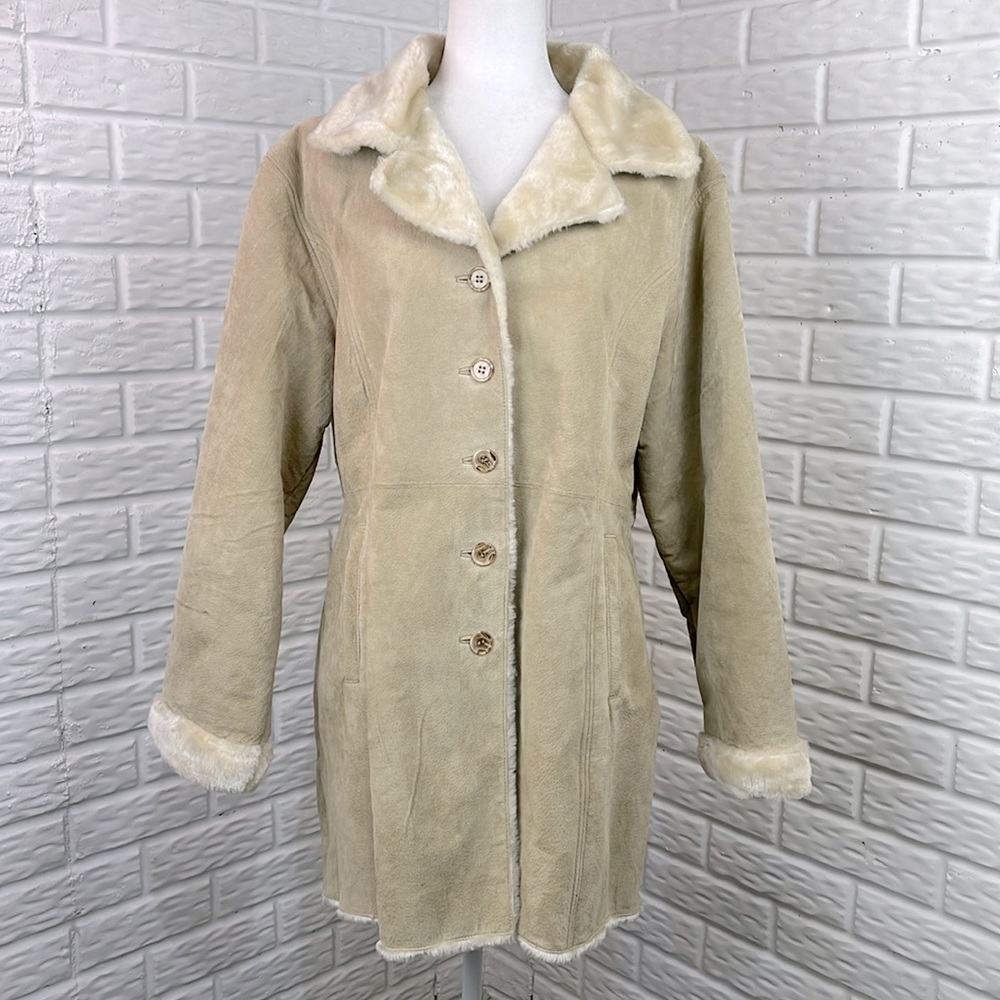 VINTAGE LEARSI Y2K SUEDE AND FAUX FUR WINTER JACKET SIZE LARGE LIGHT TAN